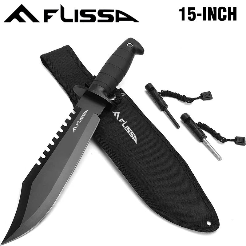 Flissa 15" Survival Hunting Knife Fixed Blade Tactical Bowie Knife