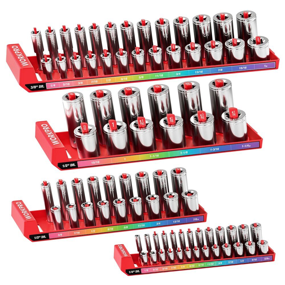 WORKPRO 4PC SAE Socket Organizer Set Socket Holder 1/4" 3/8" 1/2" Dr