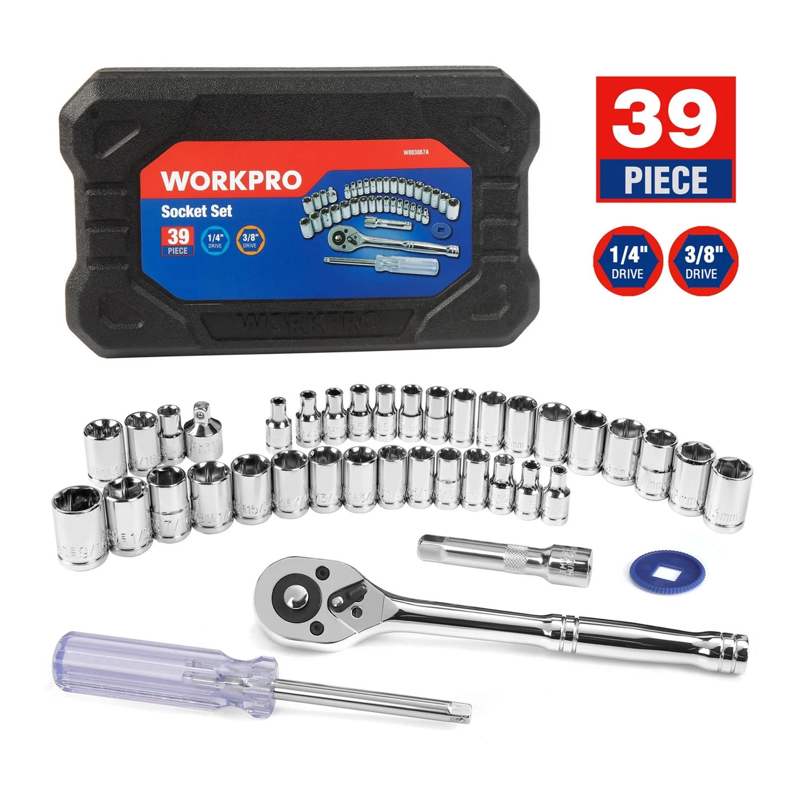 Workpro 39-piece Drive Socket Set 1/4''3/8'' Cr-v Metric Sae & Metric