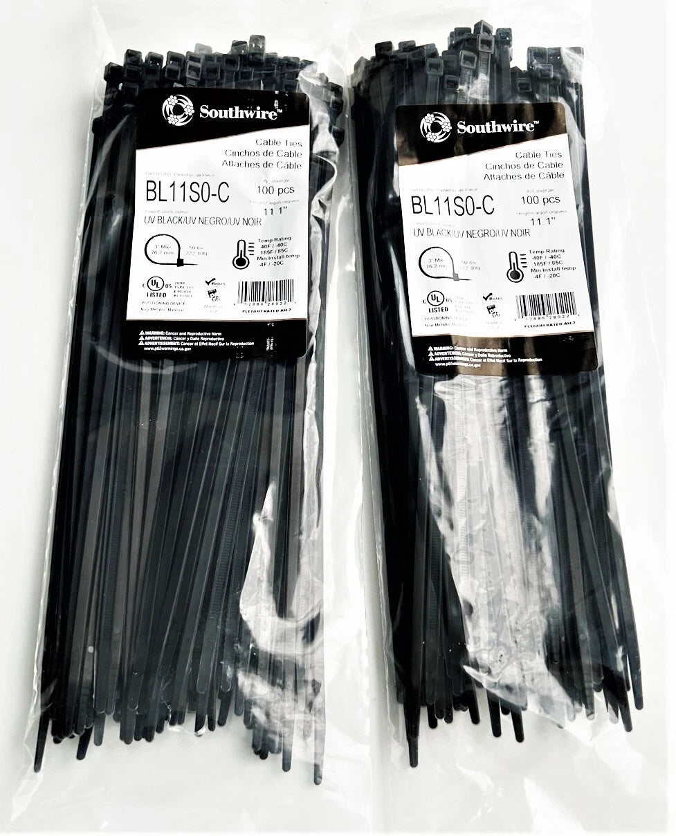 200 Southwire 11" Uv Black Nylon Wire Cable Zip Ties 50lb Usa Made