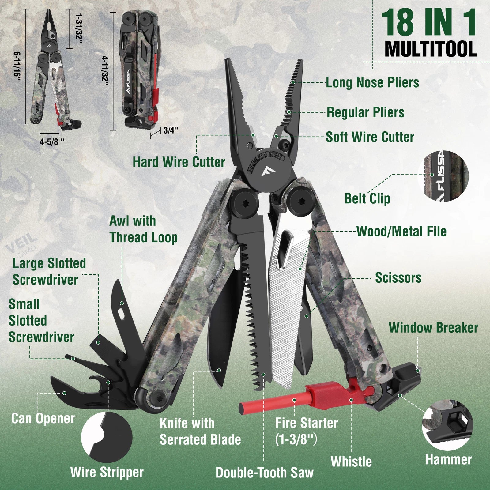 Flissa 18 In 1 Camo Multitool Pliers Stainless Steel Edc Gear With