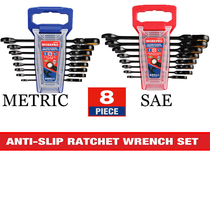 8-piece Flex Head Ratcheting Wrench Set SAE/Metric Anti-slip with Rack Organizer