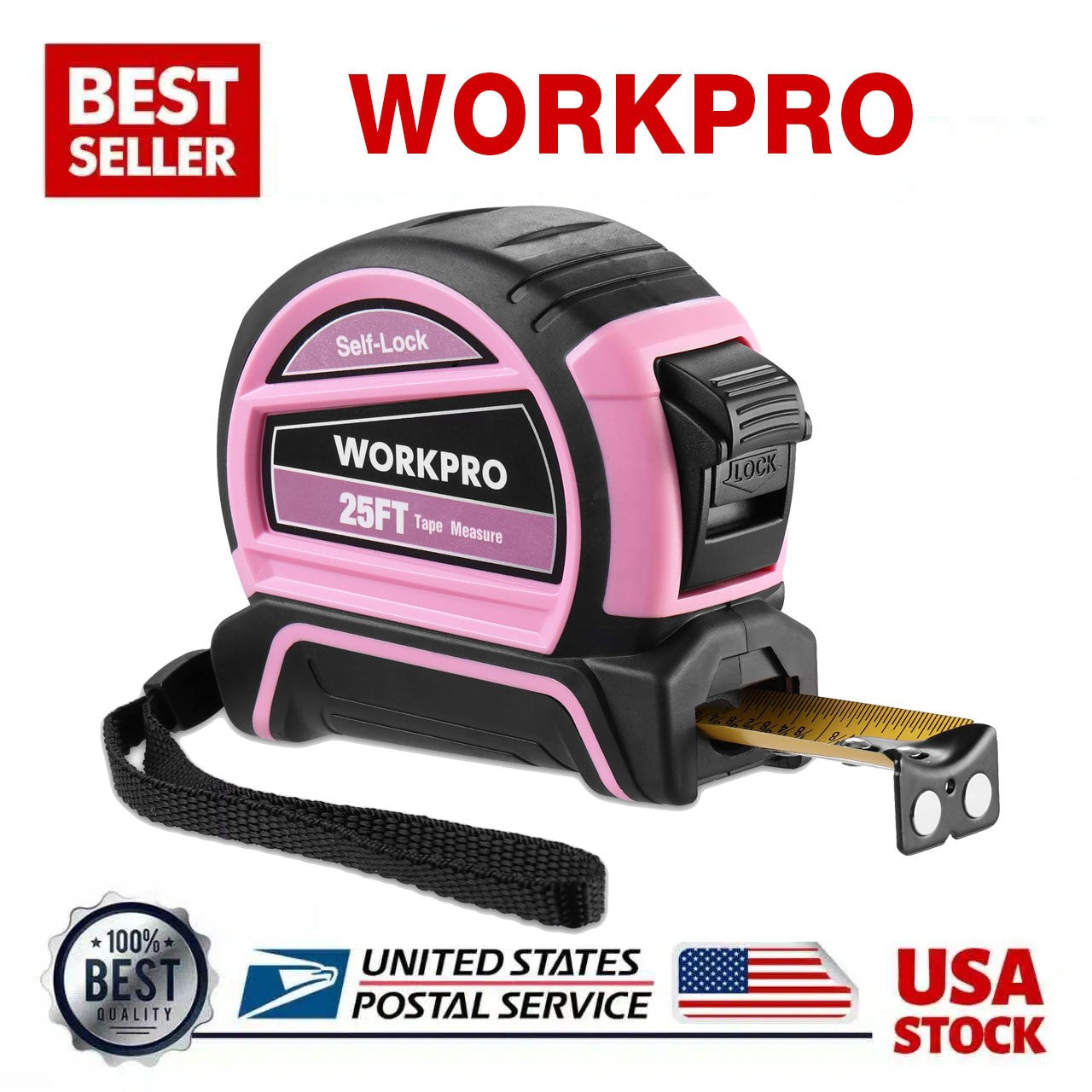 WORKPRO 25FT Pink Tape Measure, Dual Lock Tape Measure Fractions 1/8"