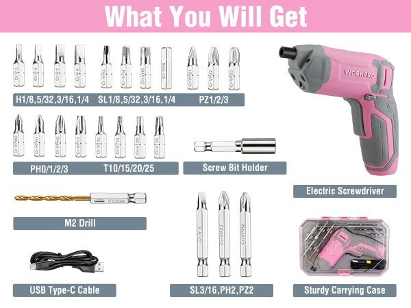 Pink Cordless Screwdriver Set 3.6V with 24Pcs Bit by Unbranded