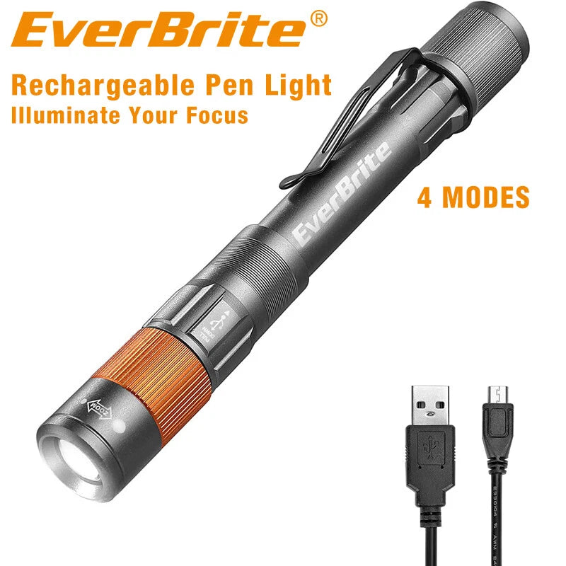 Everbrite Rechargeable Pen Light Flashlight 4 Mode Light Zoomable