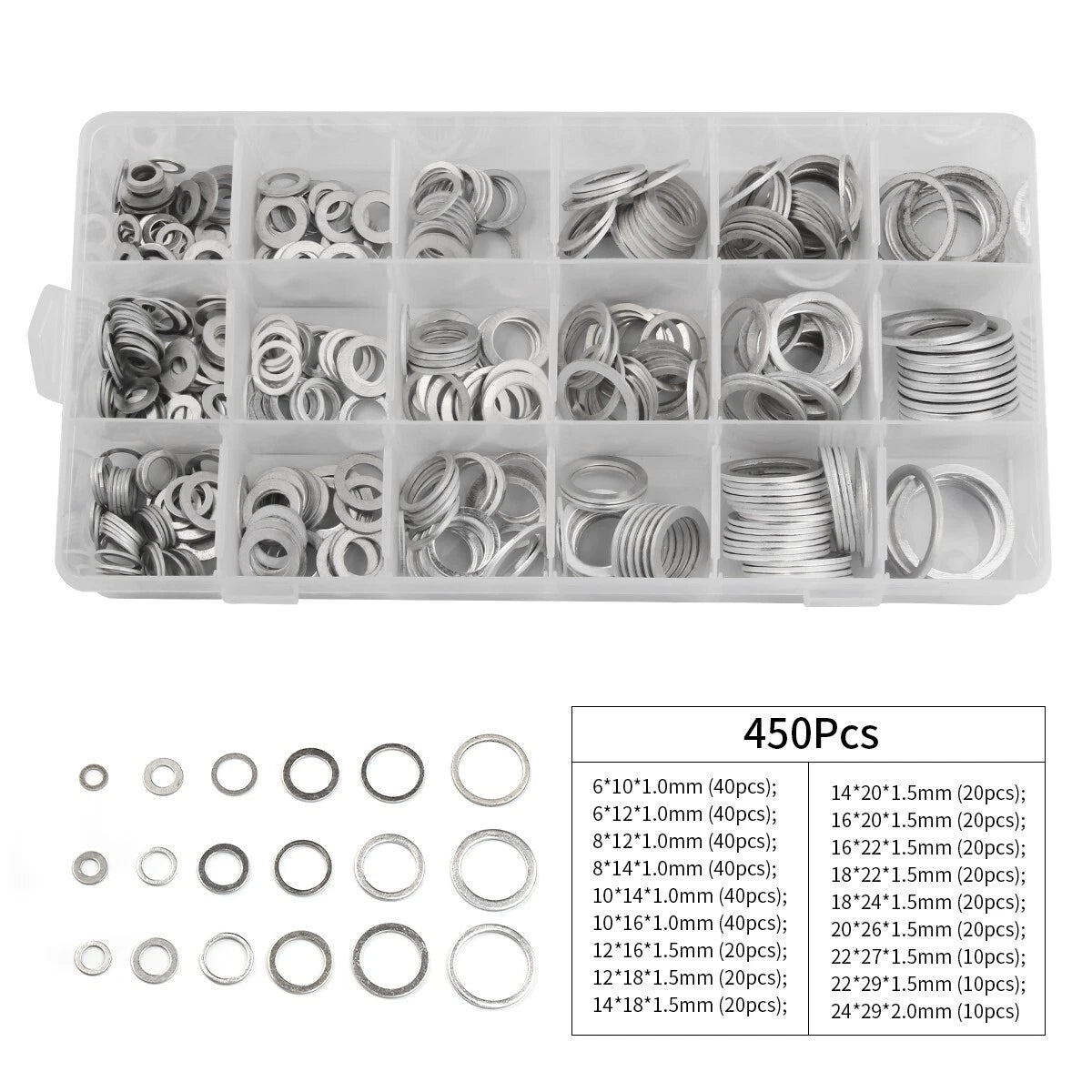 6-24mm 450pc Aluminium Gasket Washer Assortment Oil Sump Plug Seal Ring