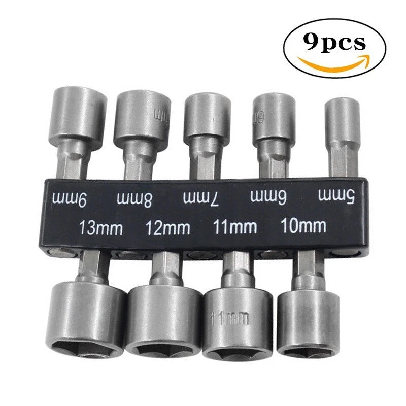9pc Power Nut Driver Bit 1/4" Hex 5-13mm Socket Wrench Drive by Drill Machine