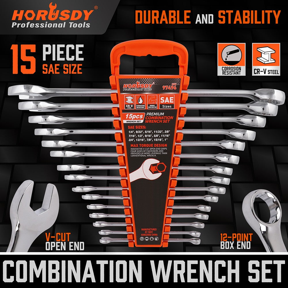 15PC Combination Spanner Wrench Set 1/4" - 1" Sae 12 Point
