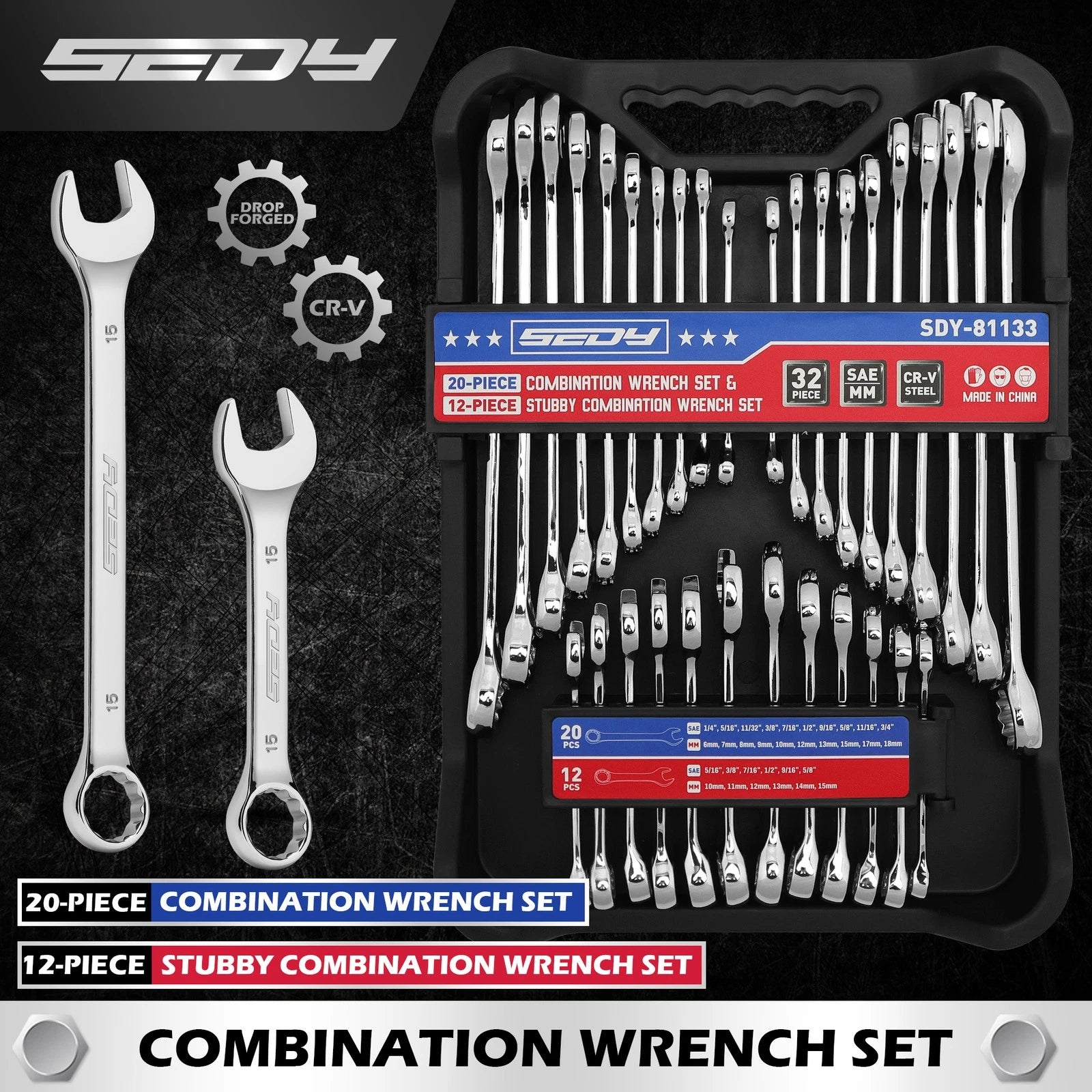 32PC Open Box End Combination Wrench Set SAE Metric 12-Point with Organizer Box