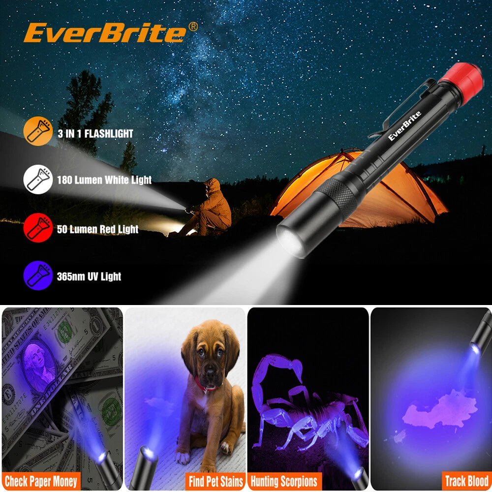 Everbrite Led Flashlight Pocket Penlight Torch Lamp White Red Uv