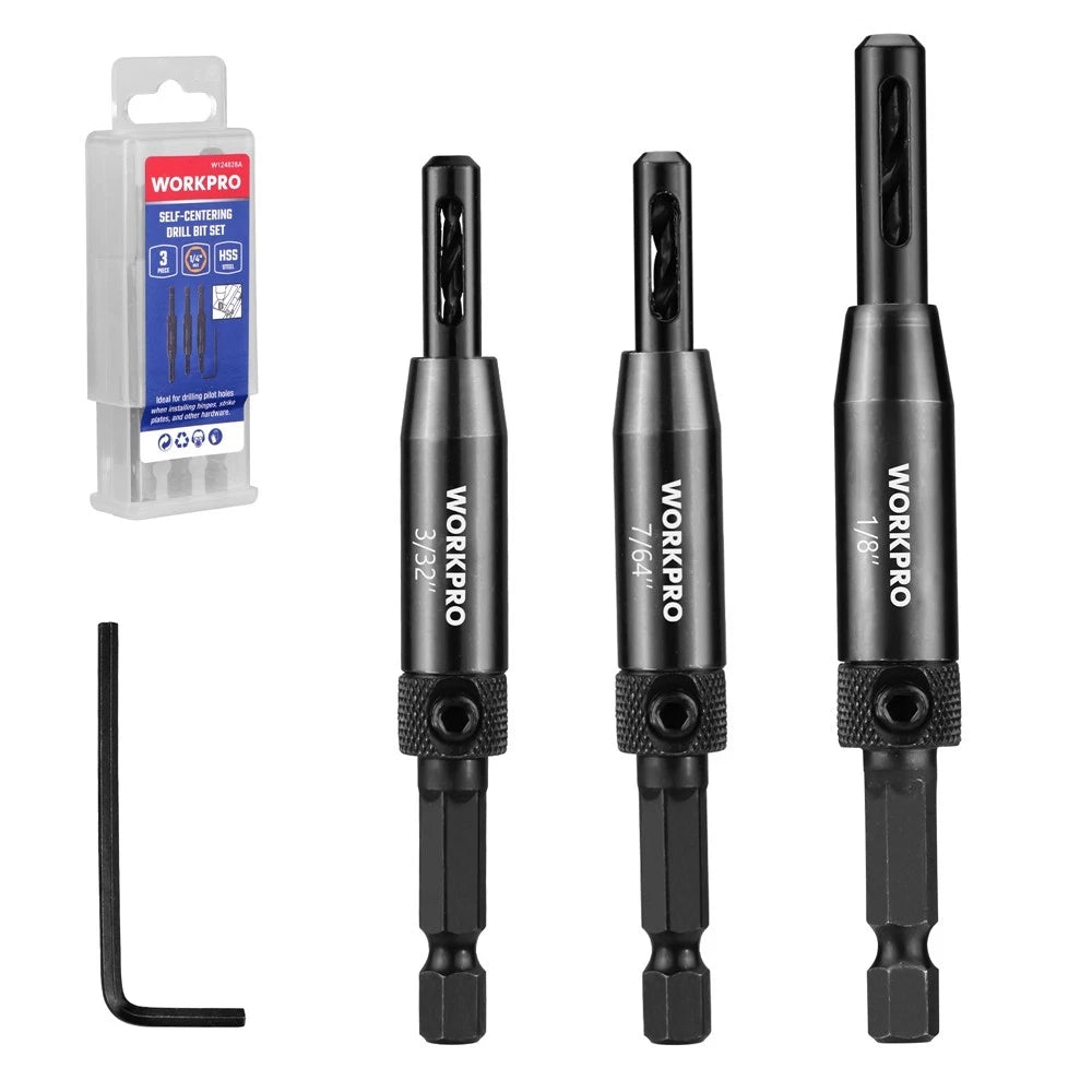 WORKPRO 3-Piece 3/32" 7/64" 1/8" Self Centering Drill Bit Set 1/4 Inch Hex Shank