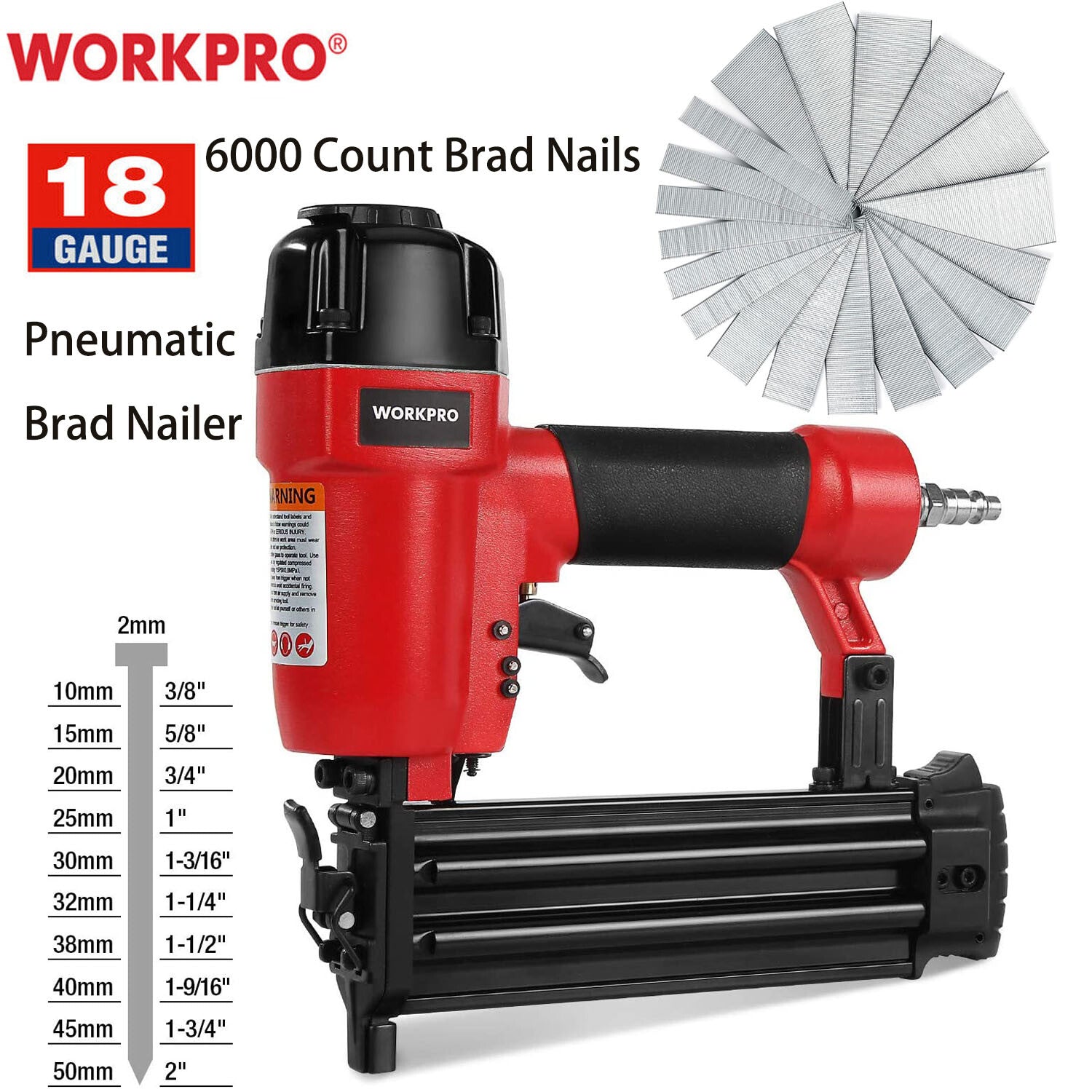 WORKPRO 18 Gauge Brad Nails 2''1-1/4'' 3/4'' 6000 Count Universal Brad