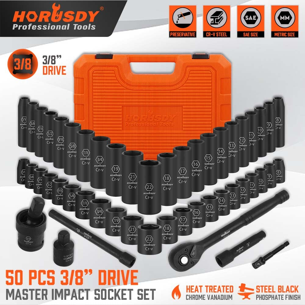 50PC 3/8" Drive Impact Socket Set Deep & Standard SAE Metric 5/16