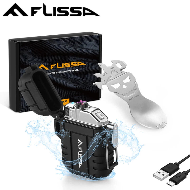 Flissa Waterproof Lighter Set Outdoors Windproof Flameless Dual Arc