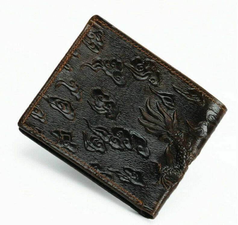 Dragon Brown Bifold Wallet Cow Genuine Leather Men Wallet Cowhide