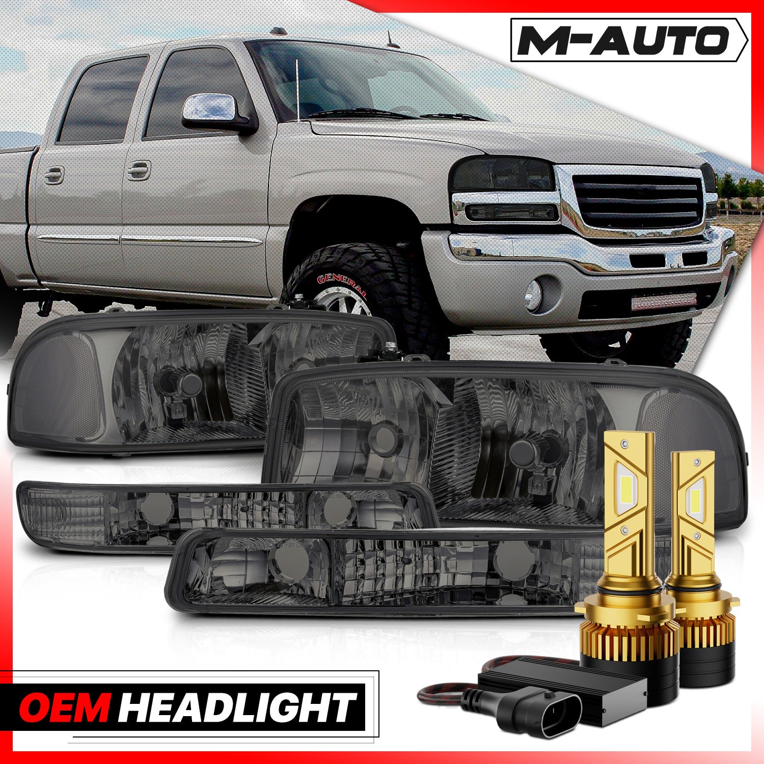 Smoke Headlights & 6500K LED Bulbs for 99-06 GMC