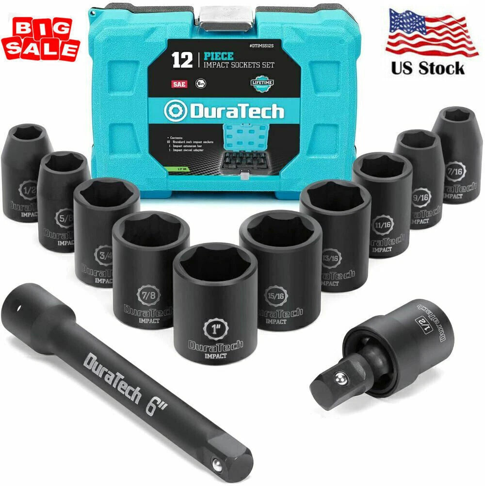 Duratech 1/2" Dr Impact Socket Set Sockets Swivel Adapter Extension