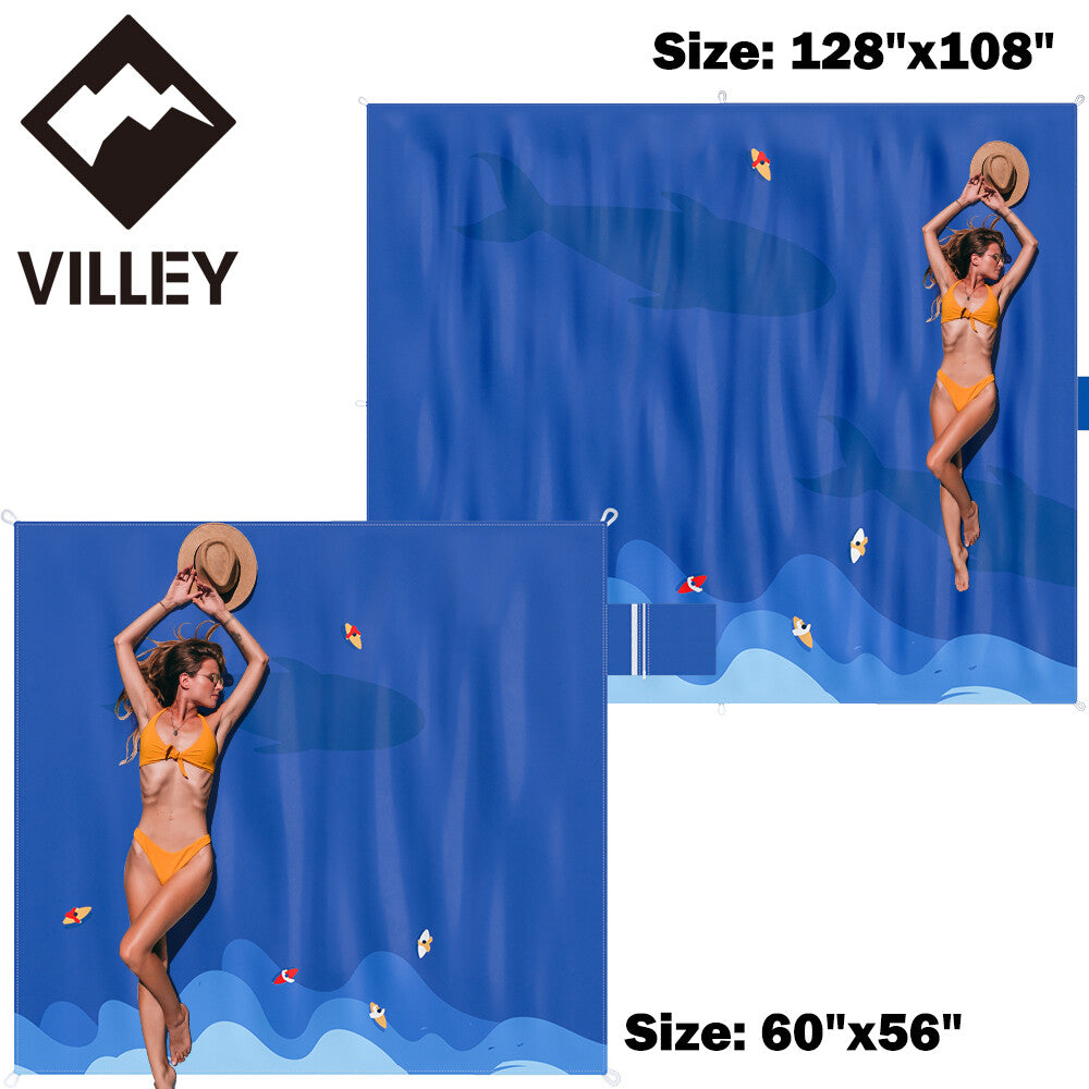 VYLLEY Foldable Beach Blankets Waterproof Sandproof 60"x56"/128"x108"