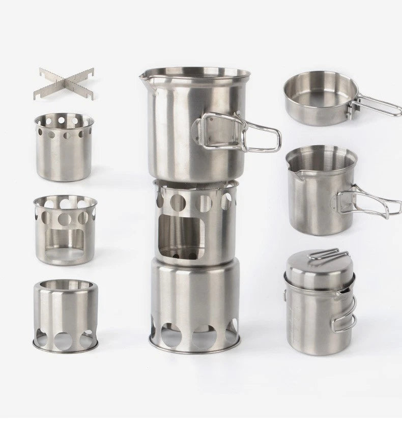 Portable 304 Stainless Steel Camping Cookware Set With Wood Stove