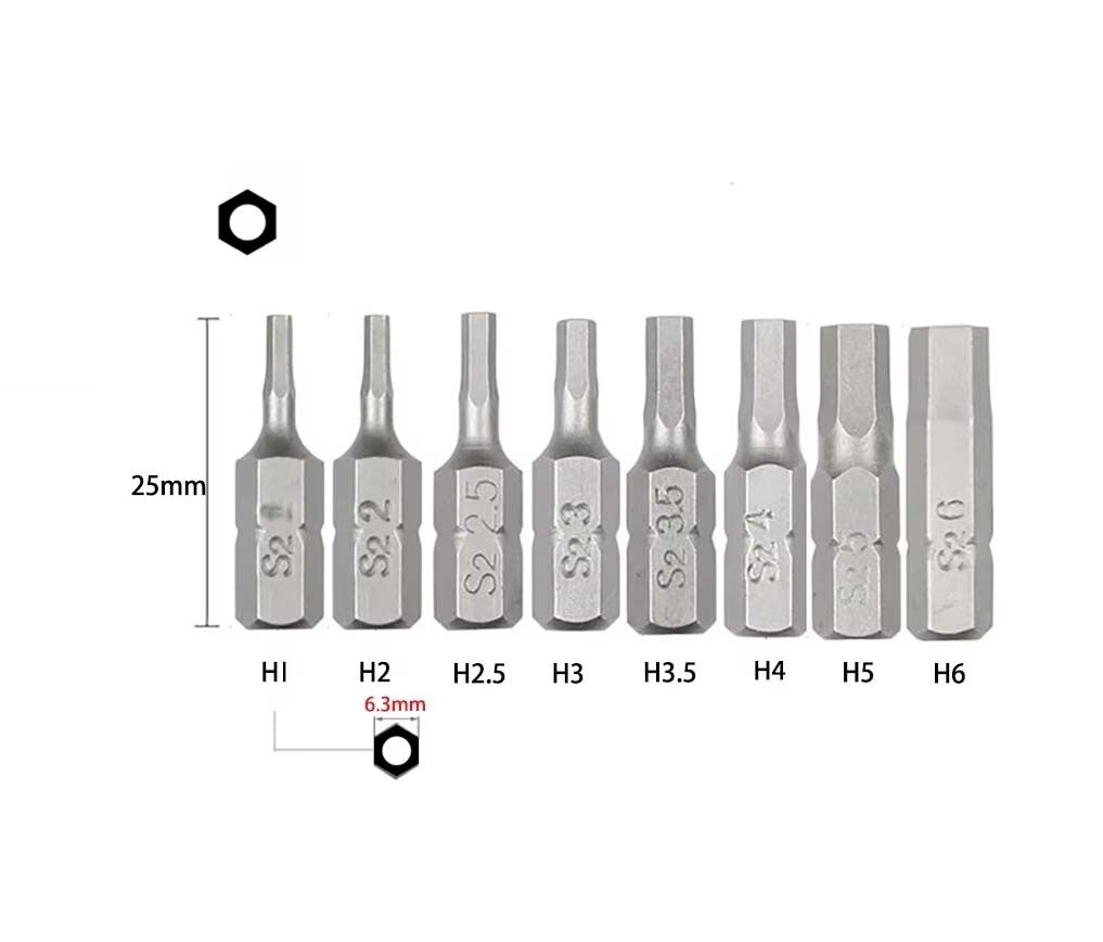 S2 Steel 25mmL 1/4" Hex Shank Tamperproof Hole Hex Allen Bits 8pc Set