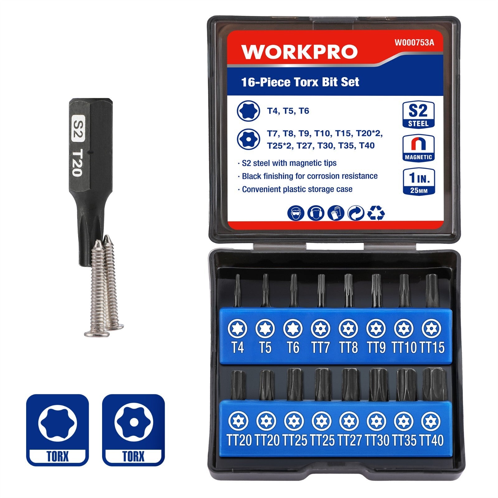 WORKPRO 16pcs Security Torx Bit Set, S2 Steel Star Bit Set with Magnetic Tips