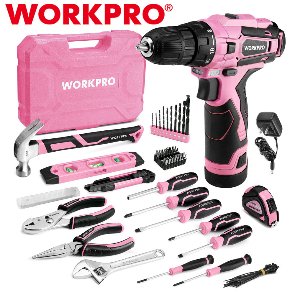 WORKPRO 108PCS Pink Tool Set Power Drill Kits 1.5A Cordless Drills