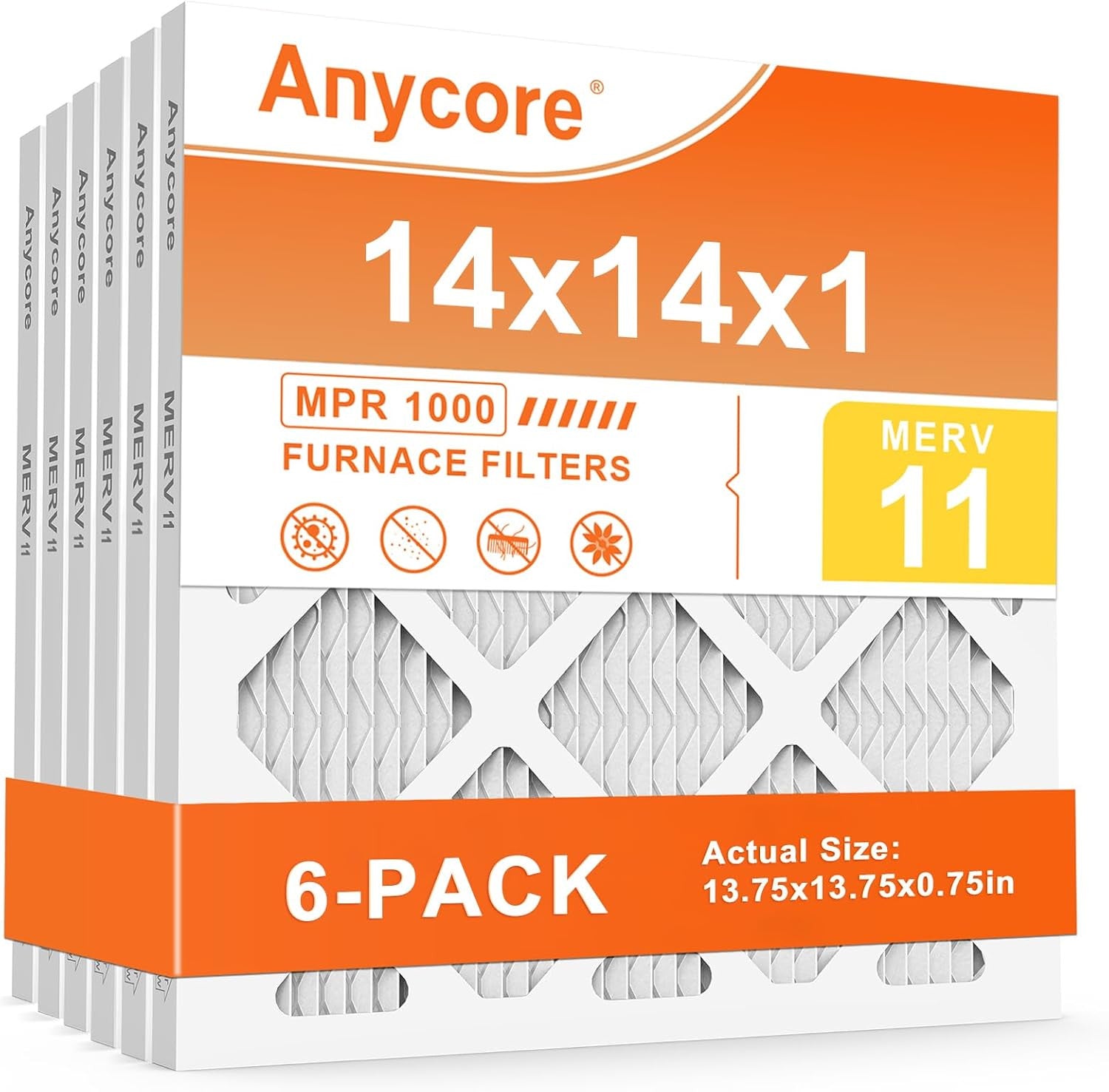 14X14X1 Air Filter 6 Pack MERV 11 AC HVAC Furnace Pleated Air Filters