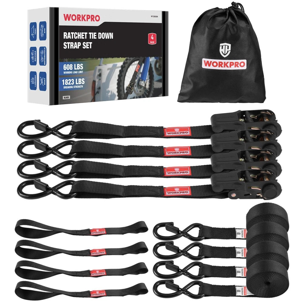 Workpro Ratchet Tie-down Straps 4-pack 1 In. X 15 In. Quick Release