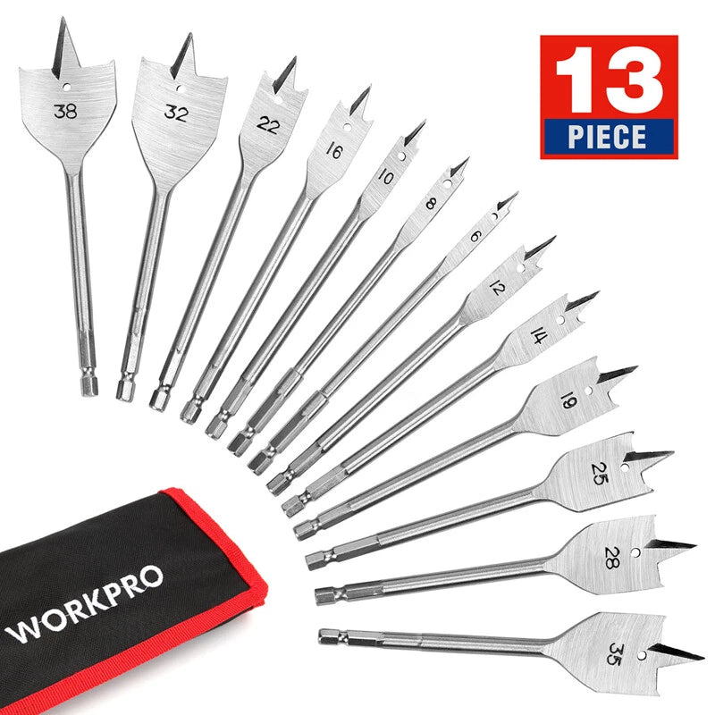 WORKPRO Spade Drill Bit Set 13PC Paddle Flat Bit SAE for Woodworking Nylon Pouch
