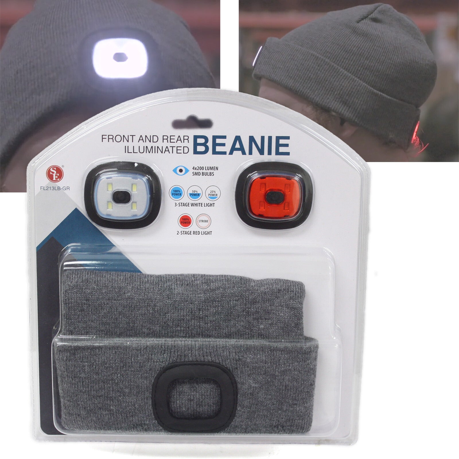 Front & Rear Illuminated Beanie Flashlight White Red 4x200 Lumen LED Hat Cap GRY