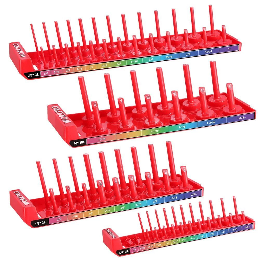 WORKPRO 4PC 1/4" 3/8" 1/2" Dr SAE Socket Organizer Set Socket Holder Socket Tray