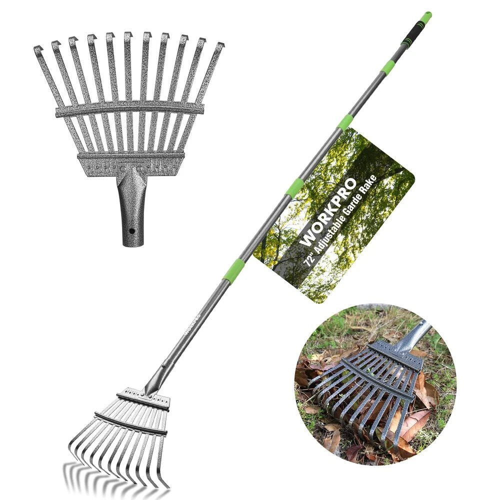 Workpro Metal Garden Rake Heavy Duty Leaf Rakes 35-72" Adjustable