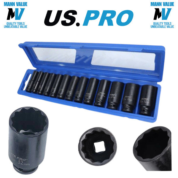 US Pro 13pc 1/2" Dr 12 Sided Metric Deep Impact Socket Set