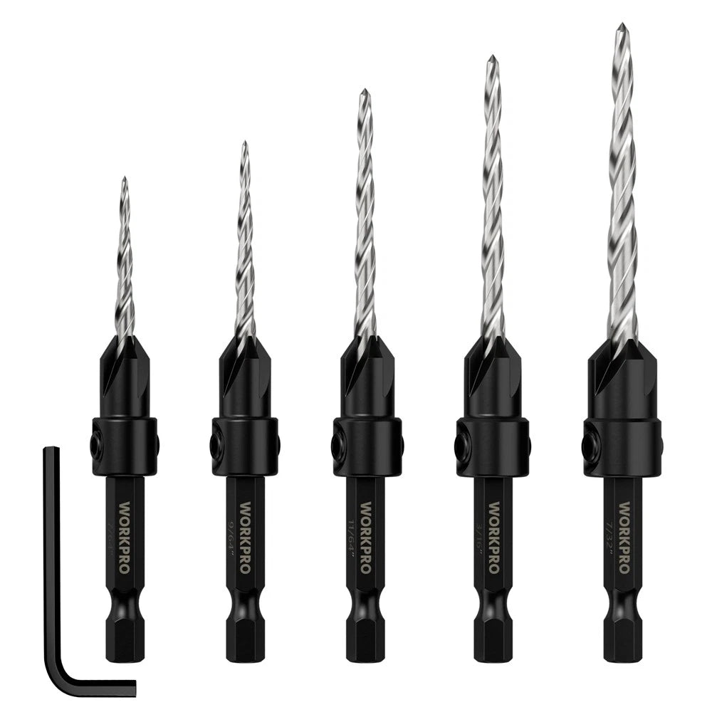 WORKPRO 5PC HSS Countersink Drill Bit M2 4Flute Woodworking Pilot Screw Hole Set