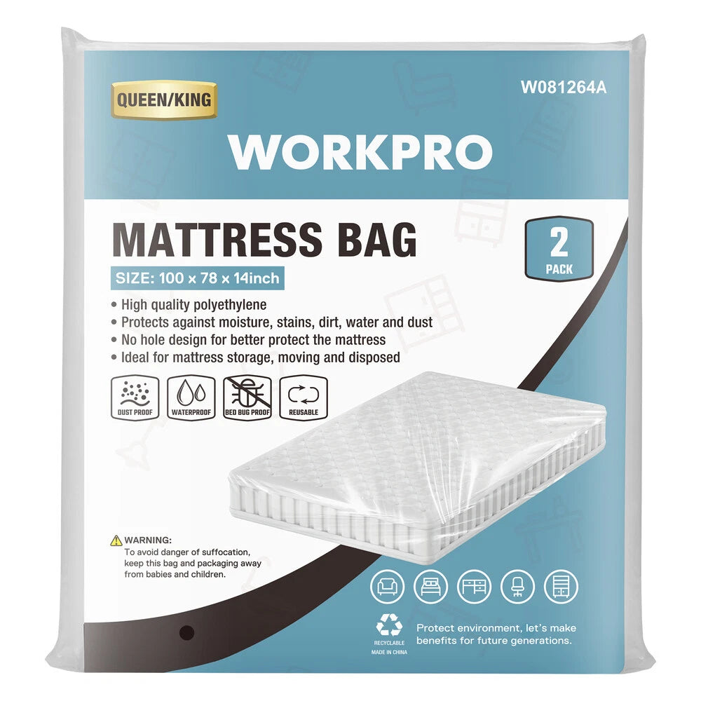 Workpro 2-pk Queen/king 2mil Plastic Mattress Bag For Moving Storage