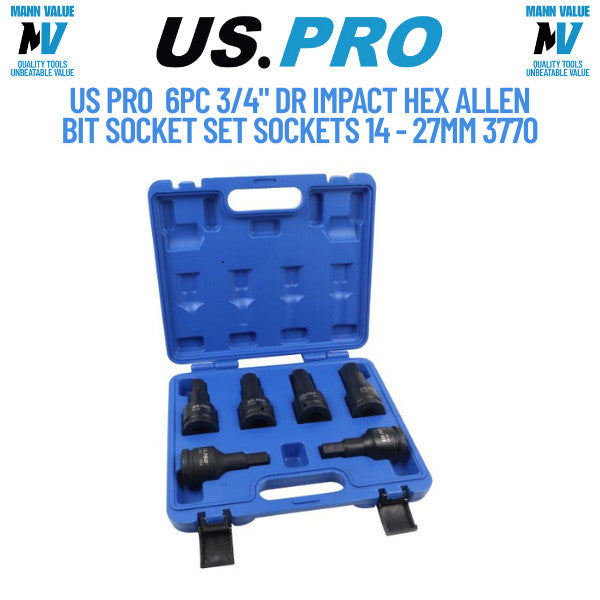 US Pro Tools 6pc 3/4" dr Impact Hex Allen Bit Socket Set Sockets 14 - 