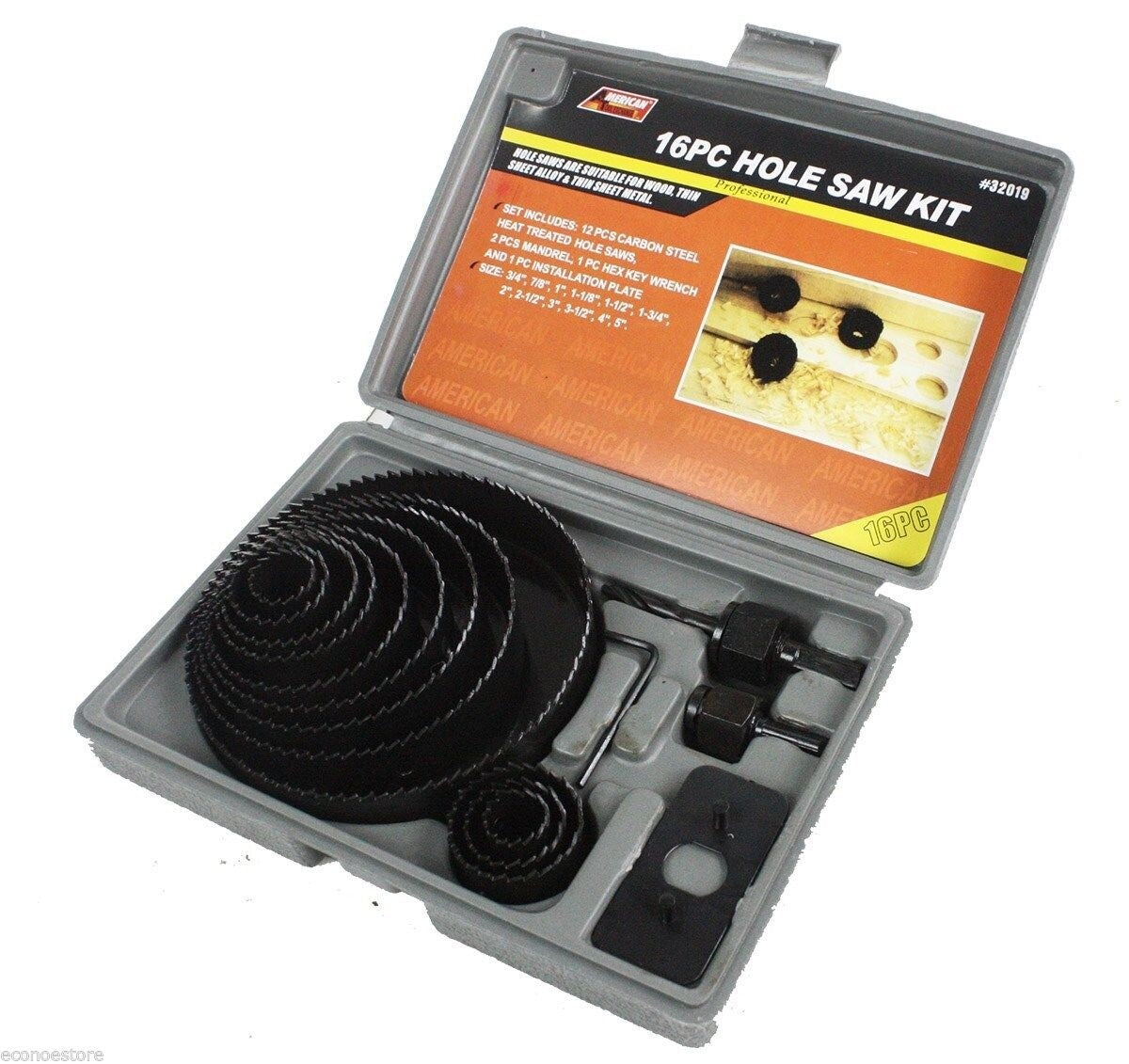 16PC Hole Saw Drill Bit Kit w/ Mandrels Saws w/ Case Wood Plastic Sheet Metal