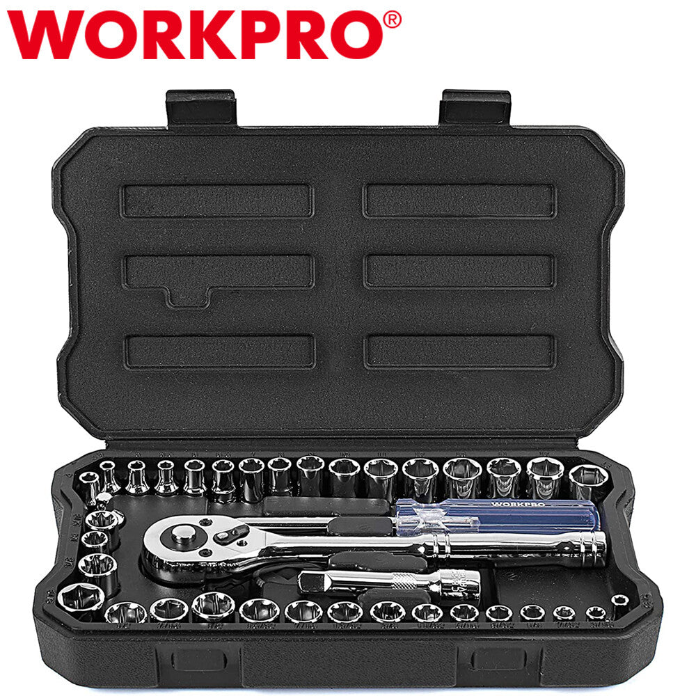 WORKPRO 39PCS Drive Socket Set 1/4" 3/8" Socket Wrench Set Metric SAE