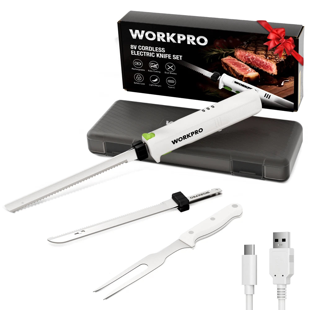 Workpro 8V Cordless Electric Knife For Meat Slicing Fork 2 Stainless