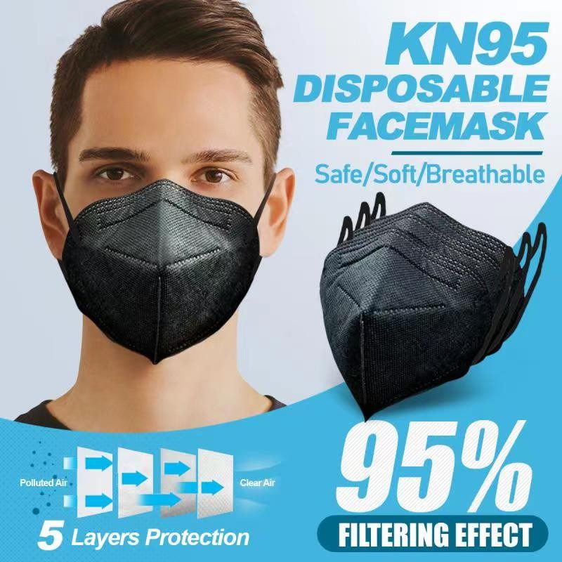 50 Pcs Black KN95 Protective 5-Ply Face Mask BFE 95% PM2.5 Disposable
