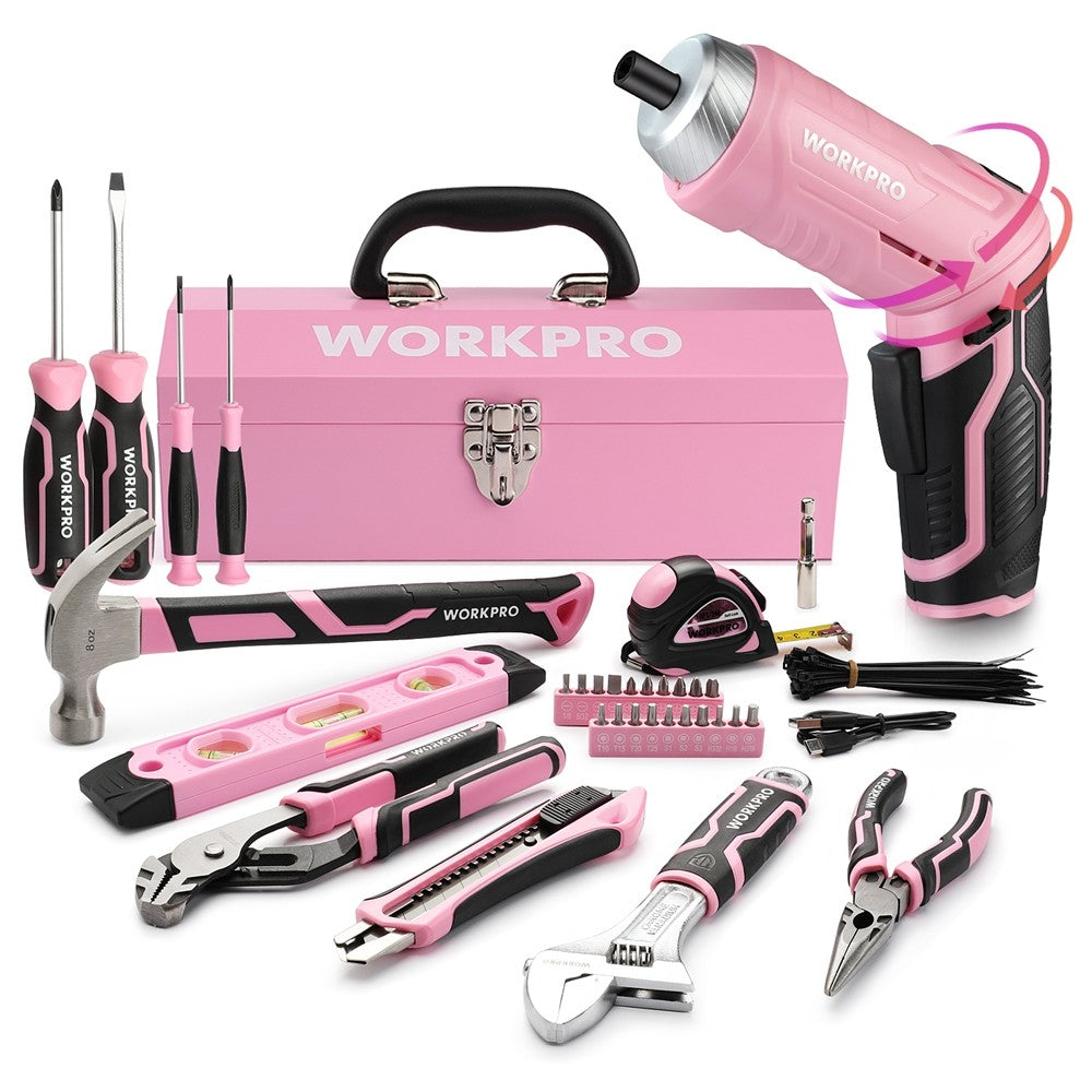 WORKPRO 75PCS Pink Tools Set Rotatable Cordless Screwdriver&Household