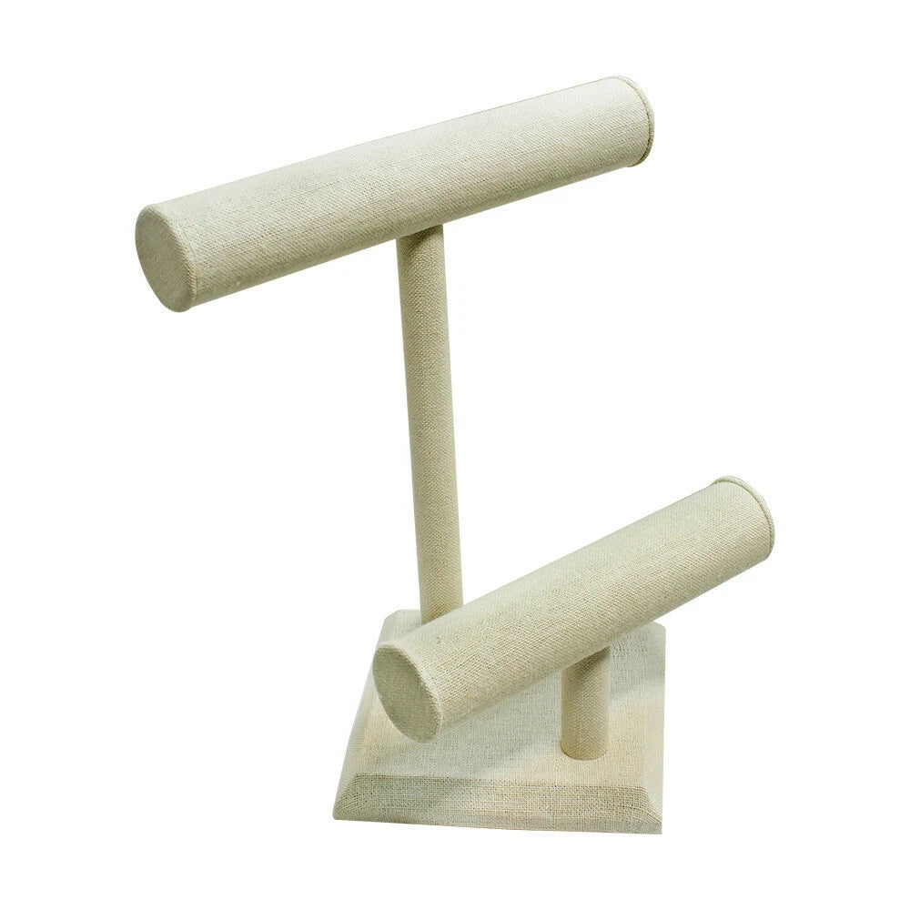 Double Round T-bar Jewelry Display Watches Necklaces 9x7 Beige Linen