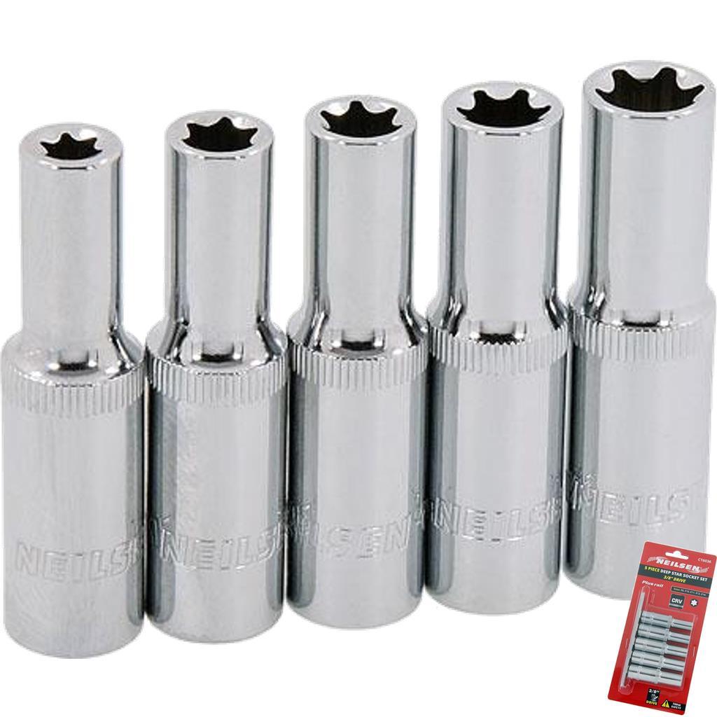 Neilsen Deep Star Profile Sockets E8 - E14 Socket Set 3/8" Socket Rail
