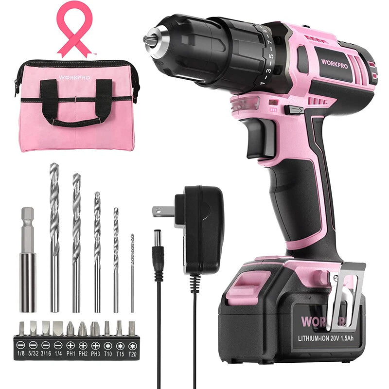 20V Cordless Drill Driver Set 1.5 Ah Battery W/Charger 17PC Accessories Included
