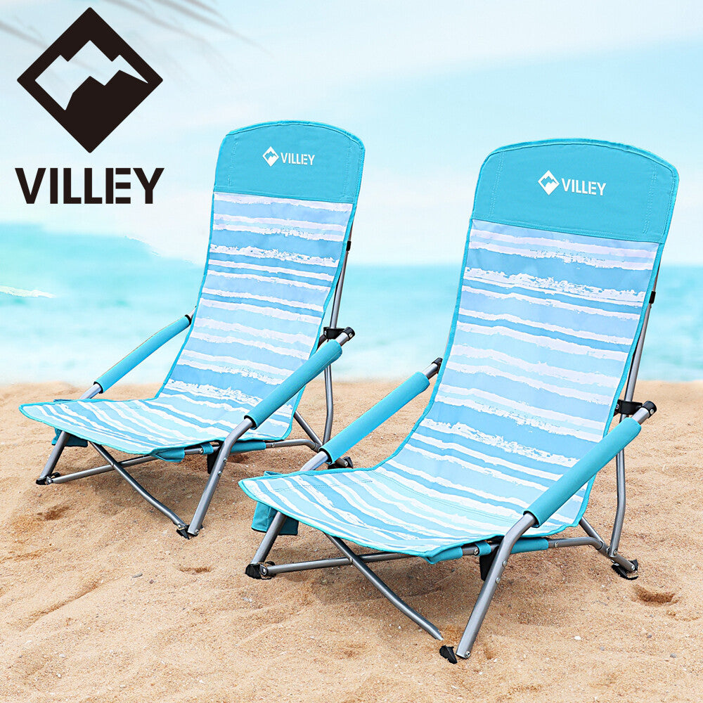 VILLEY 2-Pack High Back Folding Beach Chair Low Beach Chair Cup Holder