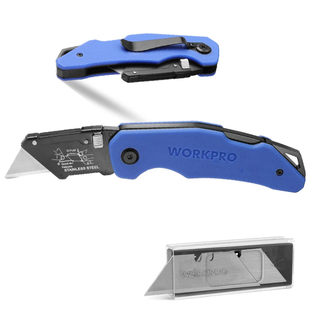 WORKPRO Folding Utility Knife Box Cutter G10 Handle Quick Change Blade 10 Blades