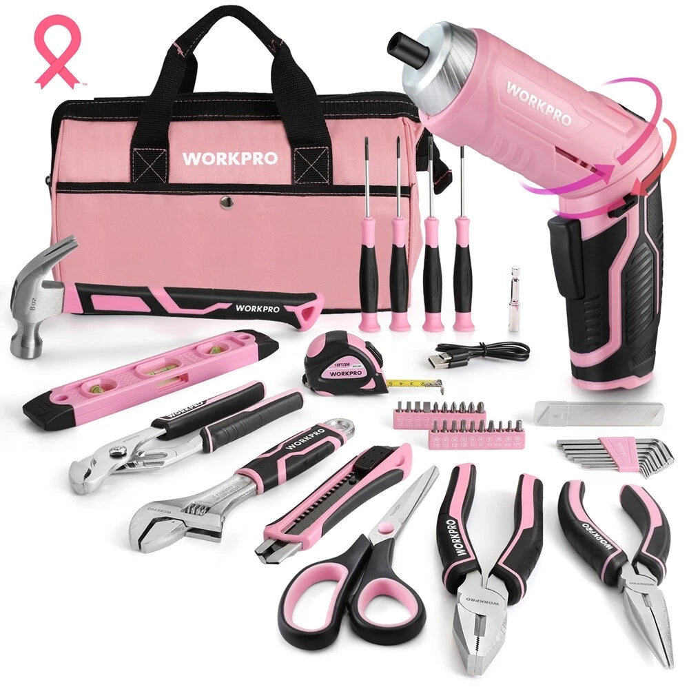 Basic Tool Kit Set W/13inch Bag Electric Cordless Screwdriver Pink