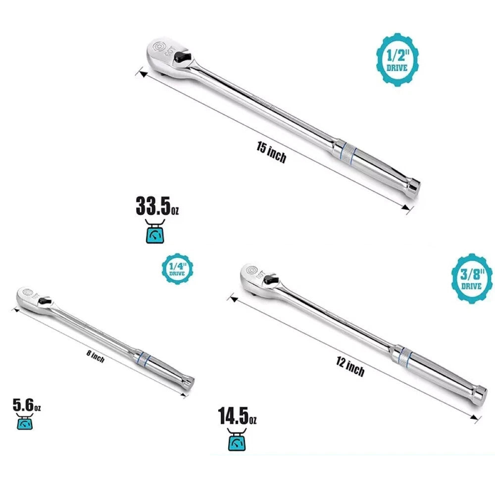 1/4"/3/8"/1/2" Drive Extra Long Handle Ratchet Wrench 90tooth