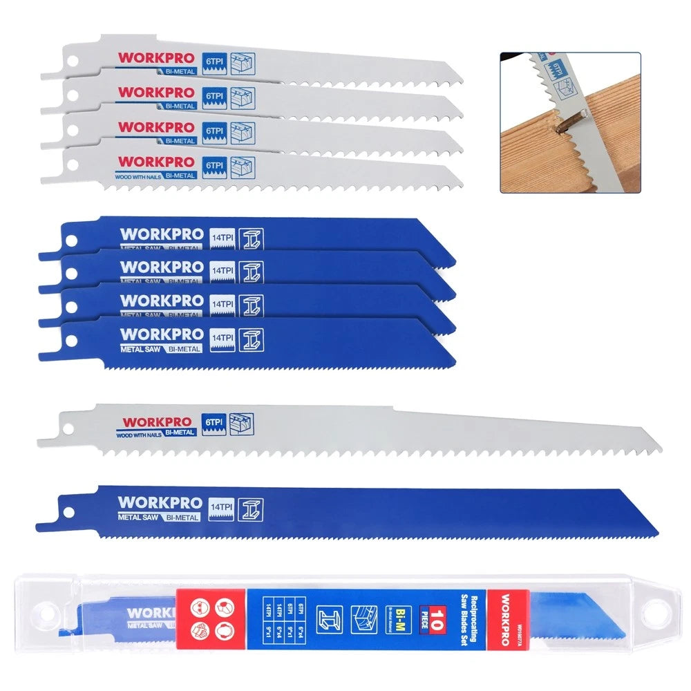 Workpro 10-pieces Reciprocating Bim Saw Blade Sets For Metal/nailed