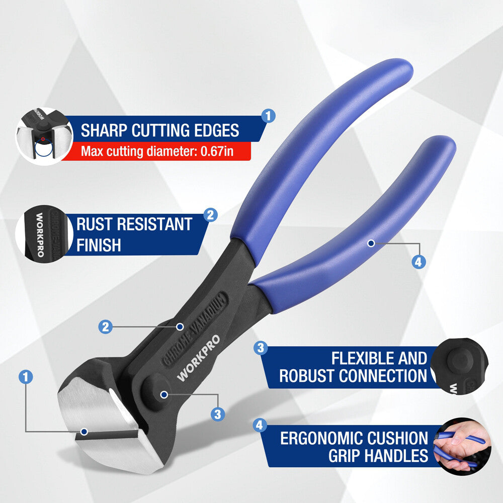 WORKPRO 7" High Leverage End Cutting Nipper Pliers Nail Puller End